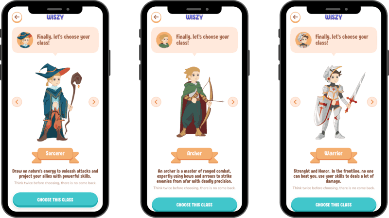 Trois écrans de l’application Wiszy : choix du personnage entre sorcier, archer et guerrier