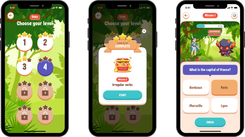 Trois écrans de l’application Wiszy : carte des niveaux, coffre de récompenses et question de quiz