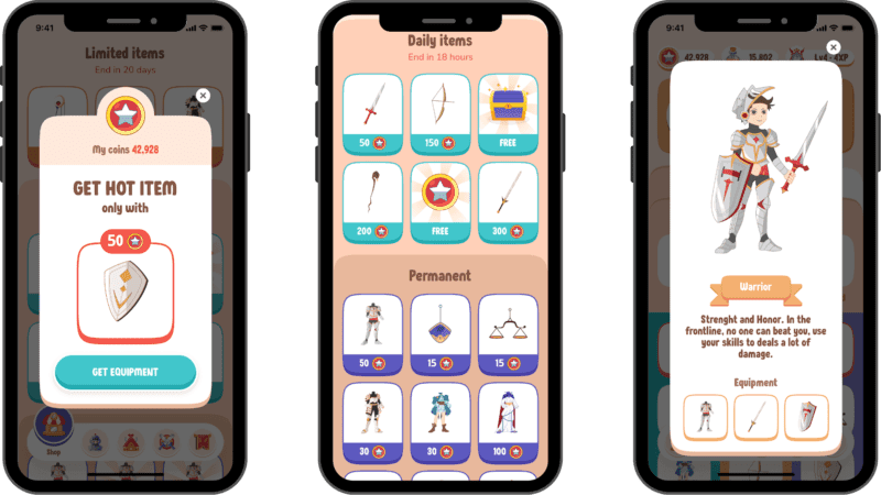 Trois écrans de l’application Wiszy : boutique, items du jour et équipement du personnage