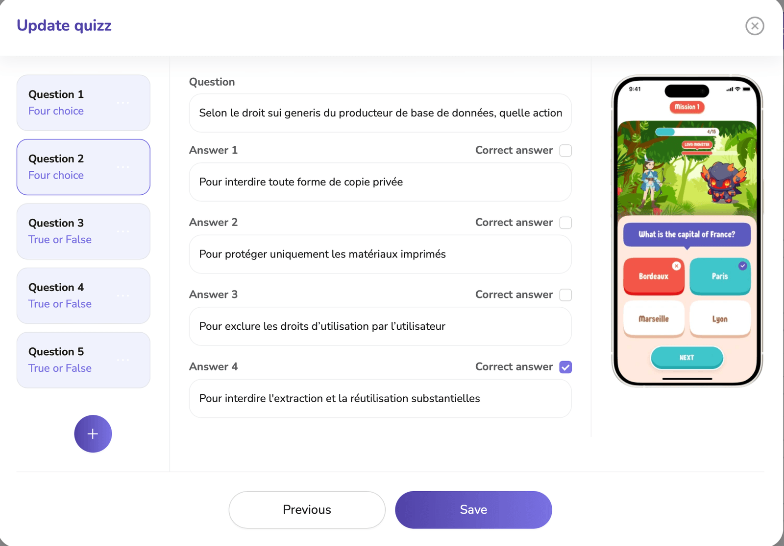 Interface professeur de Wiszy : création d’un quiz à choix multiples avec aperçu sur mobile
